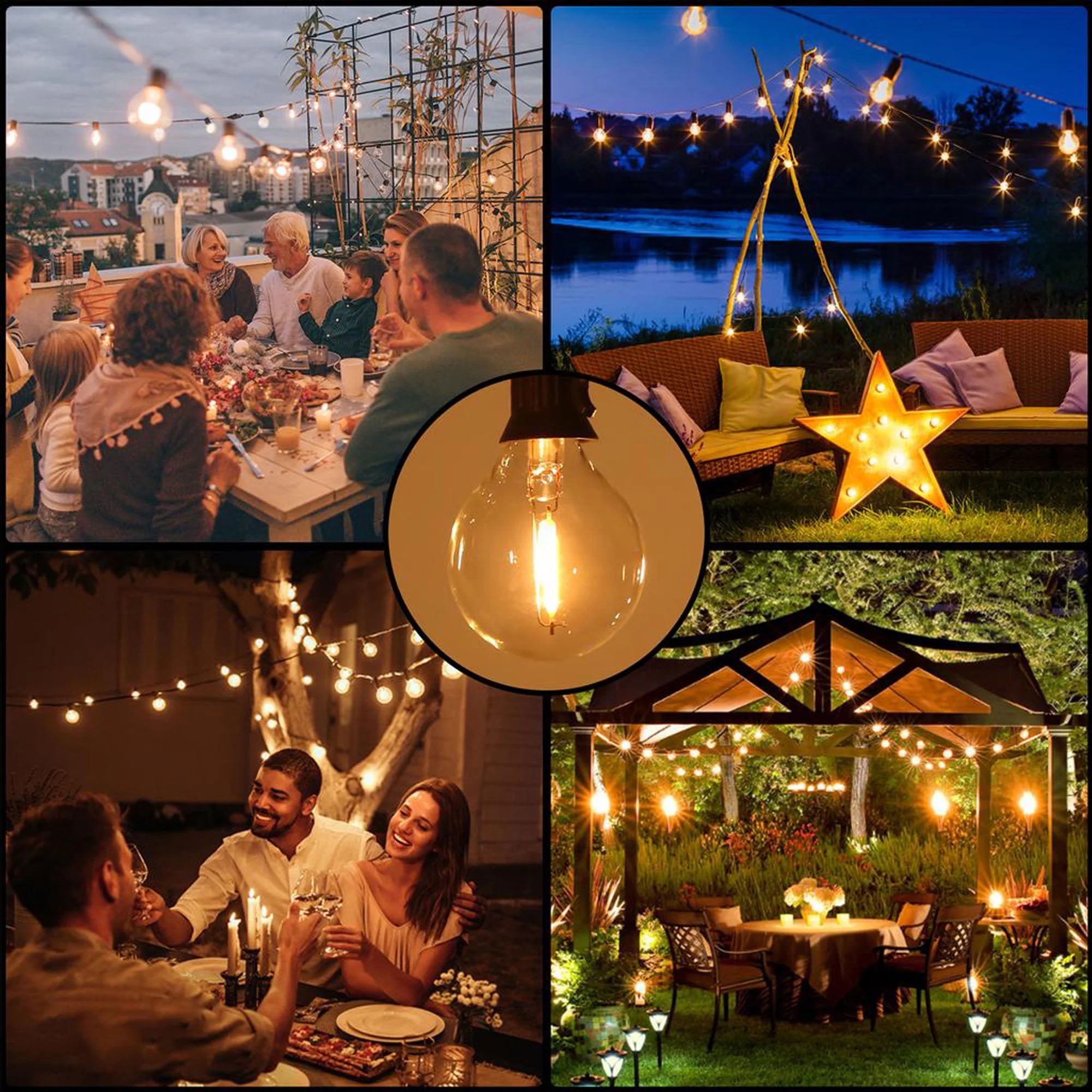 DAYBETTER Waterproof 200FT Outdoor String Lights, with 100 + 2 Plastic G40 , Connectable Shatterproof Outside Hanging Lights for Backyard Porch Deck