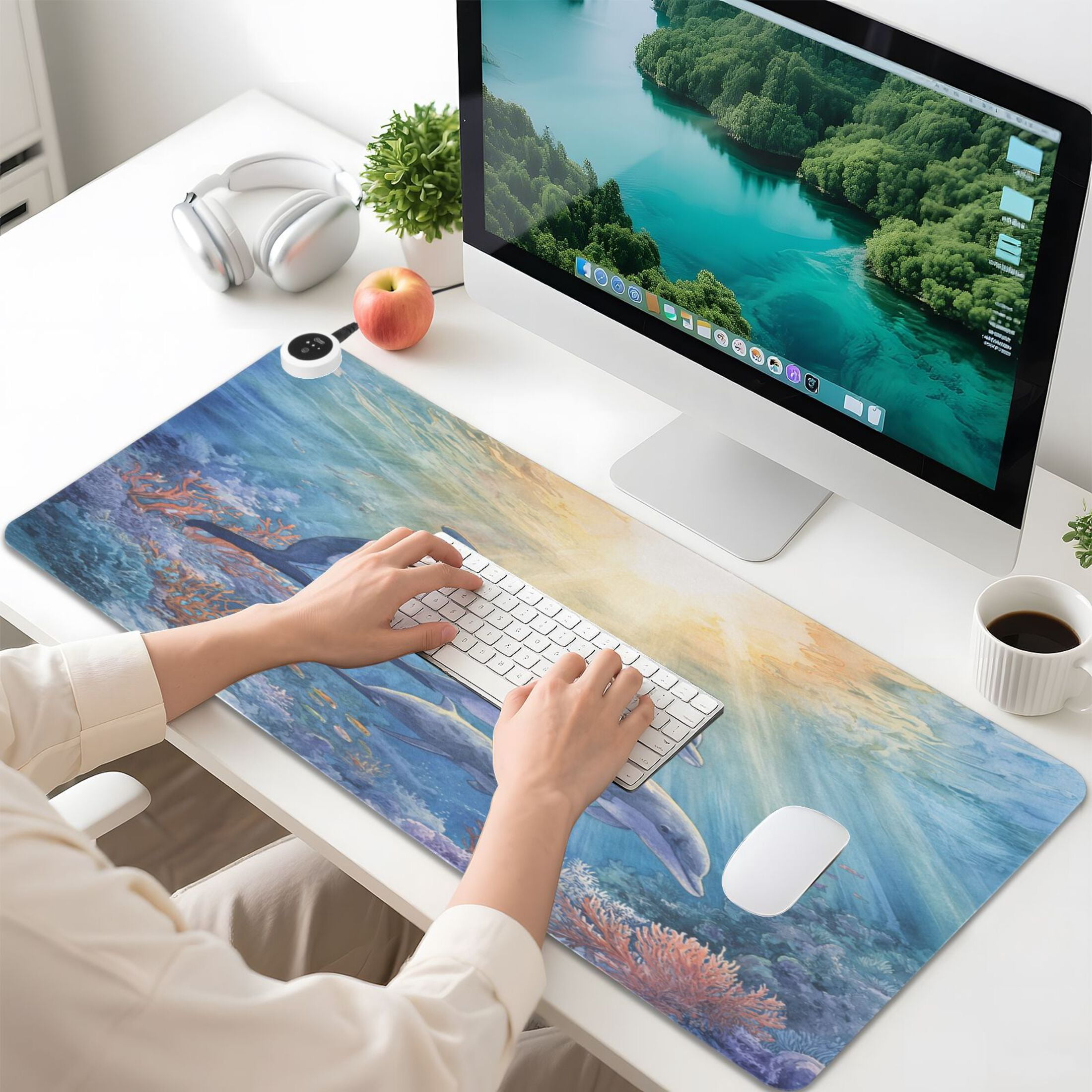 Large Heated Desk Mat Mouse Pad 31.5"x13"PU Leather Graphene Heating Desk Warmer with 3 Temperature Settings 110V US Plug Non-Slip Warm Pad for Home, Office, and Gaming Sunlit Dolphin Pod Print