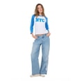 thumbnail image 2 of Forever 21 Women's Blue & White NYC Varsity Raglan Crew Neck 3/4 Sleeve Top, for Casual Everyday Style, S, 2 of 6