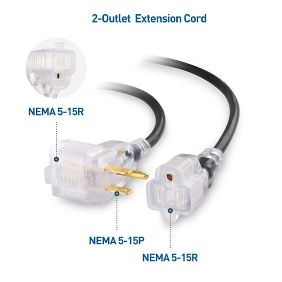 GHRTGR-[ETL Listed] 2-Pack 2 Outlet Short Extension Cord - 1ft, 13A/1625W, Pigtail Extension Cord with LED-lit Socket, (Outlet Saver, Short Power Splitter Cable), Black