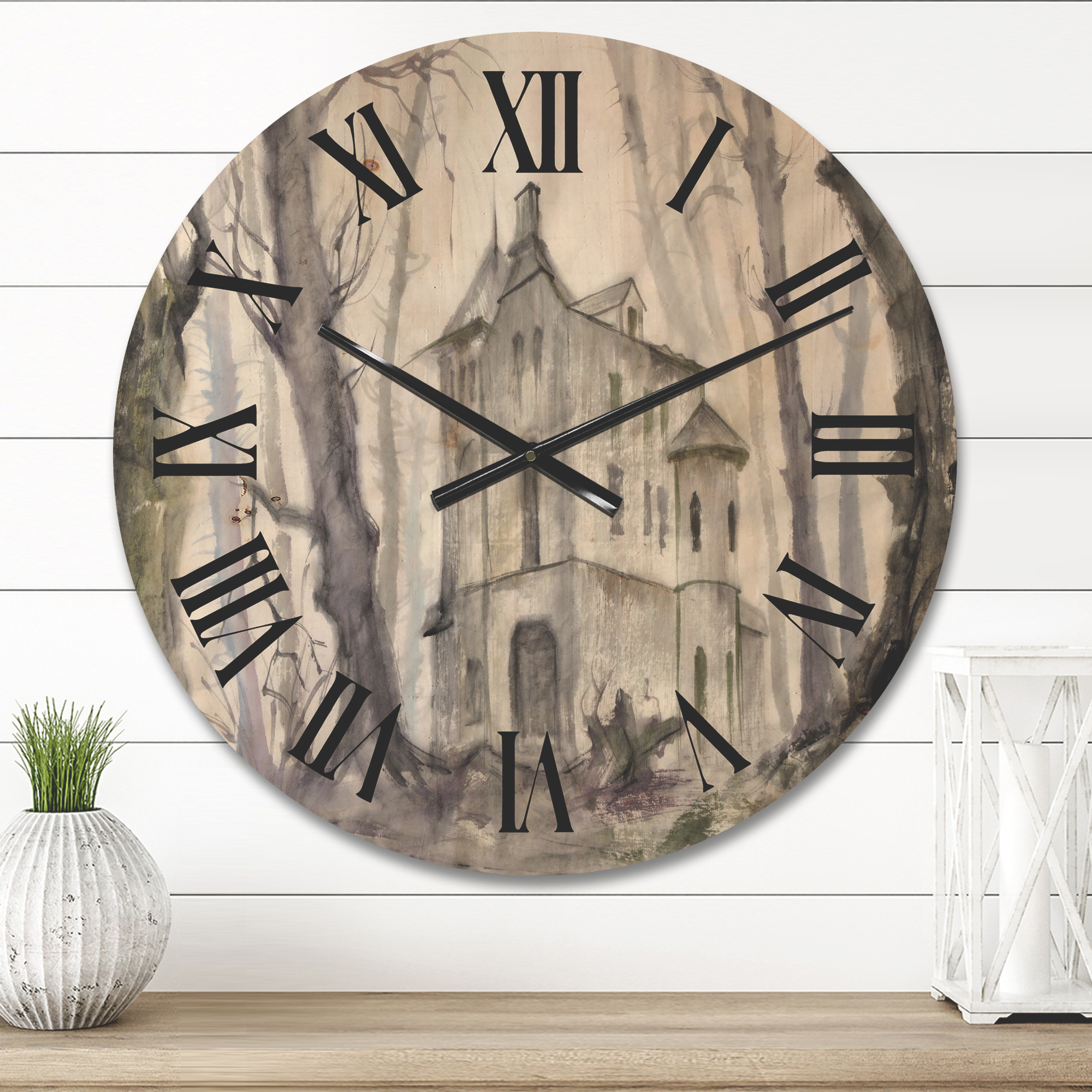 Designart 'Old Haunted Castle In The Woods' Traditional Wood Wall Clock