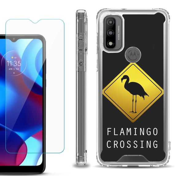 Shockproof Bumper Phone Case for Motorola Moto G Pure, with Tempered Glass Screen Protector, by OneToughShield ® - Flamingo