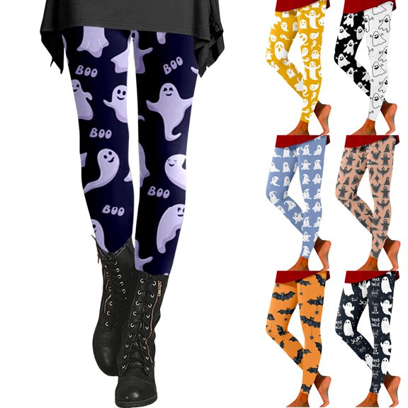 Hkoxplj Halloween Leggings for Women Printed Leggings Soft Cotton Blend Stretch High Waist BOO Ghost Bat Pattern Casual Workout Leggings Festival Party Tights All Season Comfortable Athletic Pants