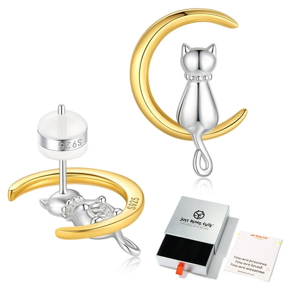 Just Being Cute Cat Moon Earrings for Women, Pure Sterling Silver Stud Earrings Birthday Mothers Day Jewelry Gifts Her Wife Lady Adults Ideas