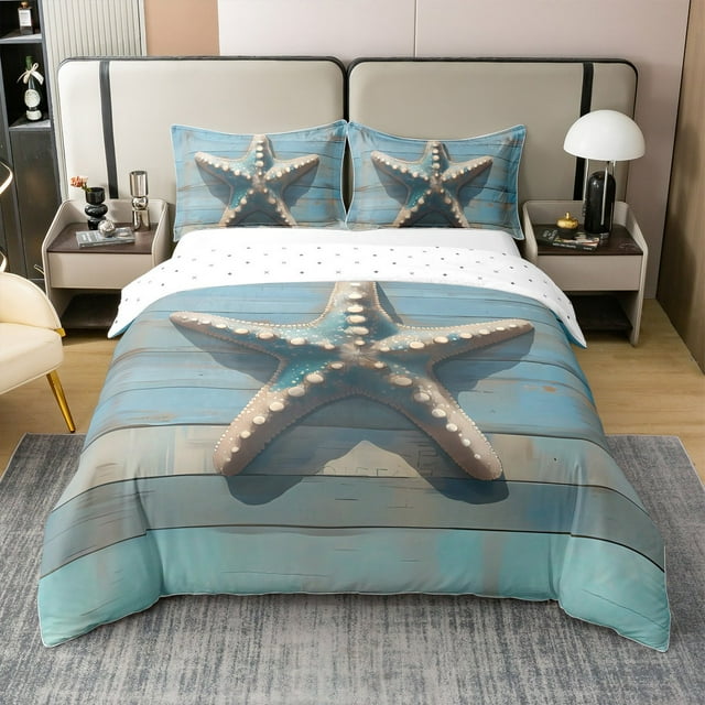 Erosebridal Housse de Couette Chic Étoile de Mer 100 % Coton Simple, Chalet Rétro, Déco Nautique de Mer, Réversible (Sans Couette)