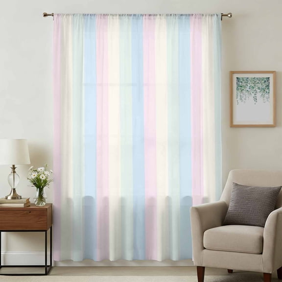 Colorful Striped Sheer Curtains 96 Inches Long, Rainbow Color Stripes Light Filering Curtains, Privacy Drapes Simi Floor to Veiling Curtain for Living Room Bedroom Large Window Treatment