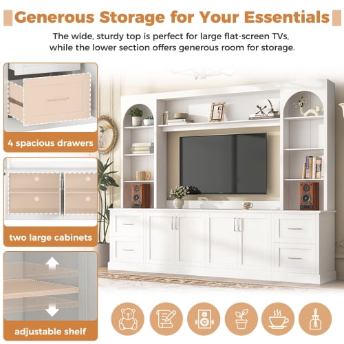 Modern Arched Farmhouse TV Stand for TVs up to 65 Inches, Entertainment Center with Drawers, Cable Holes and Adjustable Shelves, White