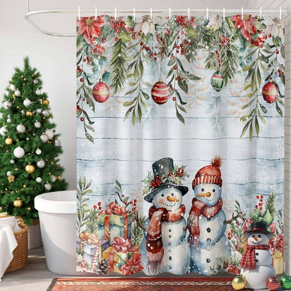 Winter Snowman Shower Curtain, 48" x 72", Christmas Gift Leaves Flower Snow Ball Wood Grain Waterproof Bathroom Curtain Washable Shower Curtain Set with 12 Hooks