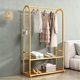 thumbnail image 1 of Perchero de ropa con arco dorado, metal, estantes de almacenamiento inferiores y 6 ganchos laterales, clóset no empotrado para recámara o boutique L39, 1 of 7