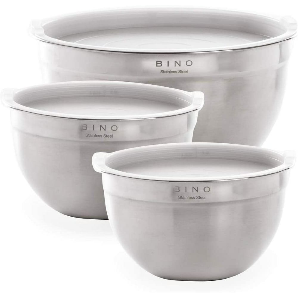 BINO 3-Piece Stainless Steel Mixing Bowl Set with Lids, White 3-piece Stainless Steel Mixing Bowl Set With Lids