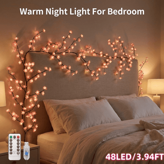 48LED/3.94FT Cherry Blossom Vine Lights with Remote Control, 8 Lighting Modes for Bedroom Wall and Indoor Decor