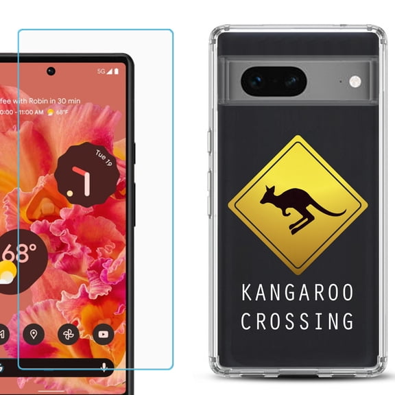 Slim-Fit Gel TPU Phone Case for Google Pixel 7, with Tempered Glass Screen Protector, by OneToughShield ® - Road Sign Kangaroo