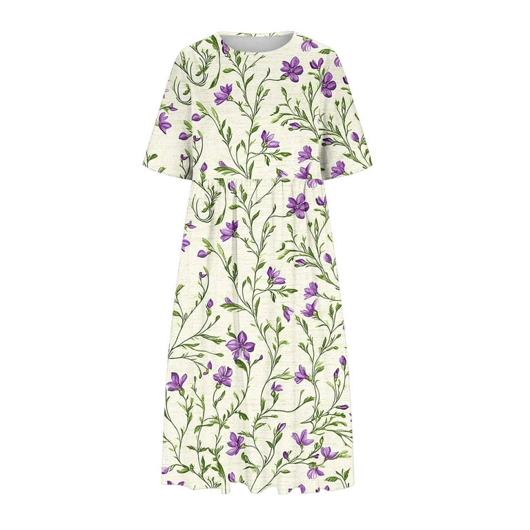 print pleated loose dress Uppada Womens Short Sleeve Summer Dresses Floral Print Maxi Dress Casual Flowy Pleated Loose Dresses Cute Summer Dresses with Pockets Beige,XXXL,