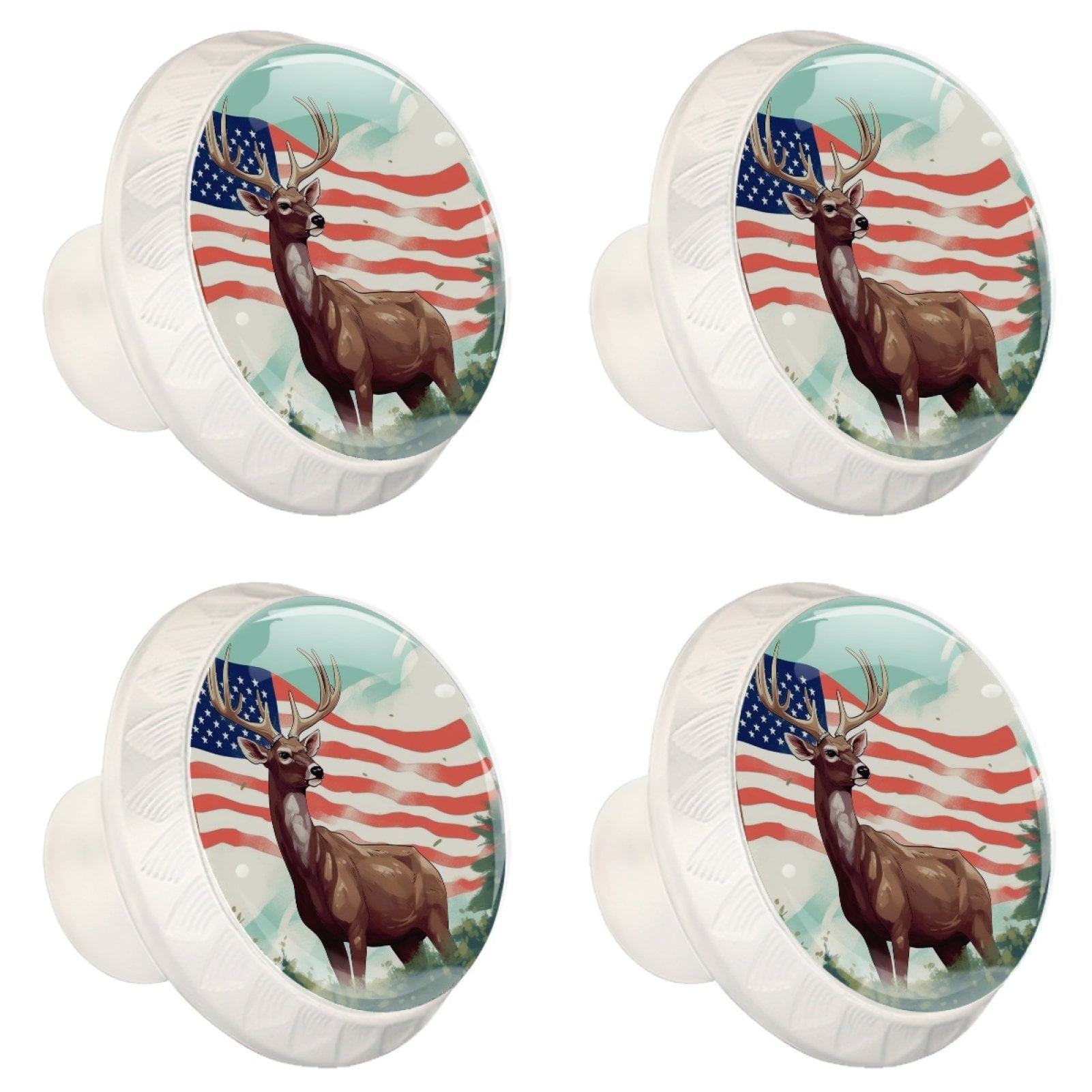 4 Pcs Deer and American Flag Knobs for Kitchen Cabinet Cupboard Dresser Bookcase Drawer Pulls Handles Round Home Decor