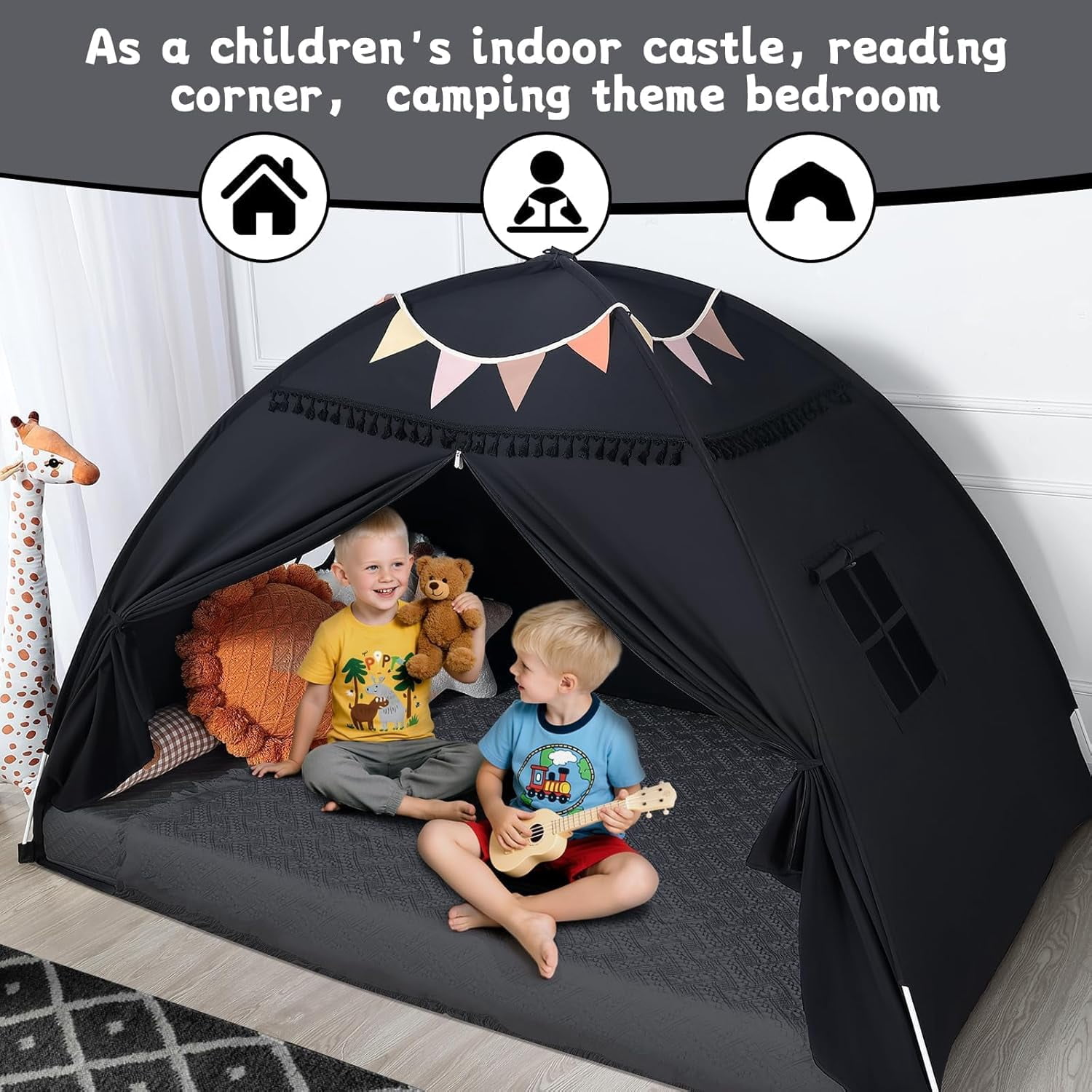 Twin Bed Tent for Kids Indoor, Toddler Bed Canopy with Flags, Twin Size Teepee Tents for Boys Girls Inside Bedroom (Black)