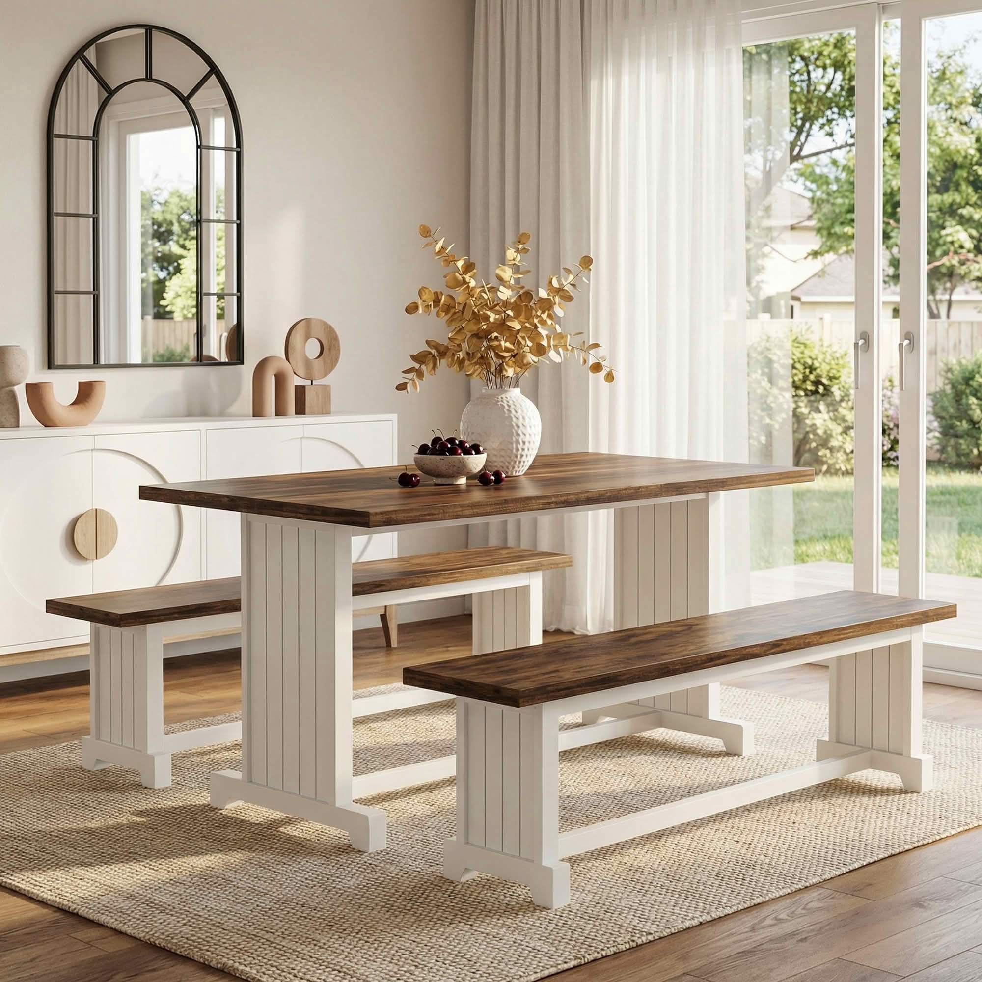 MAYEERTY 3-Piece 47" Farmhouse Dining Set with Table & Benches, 4-6 Seater Sturdy MDF & Metal Frame, Multiuse Home Cafe Furniture