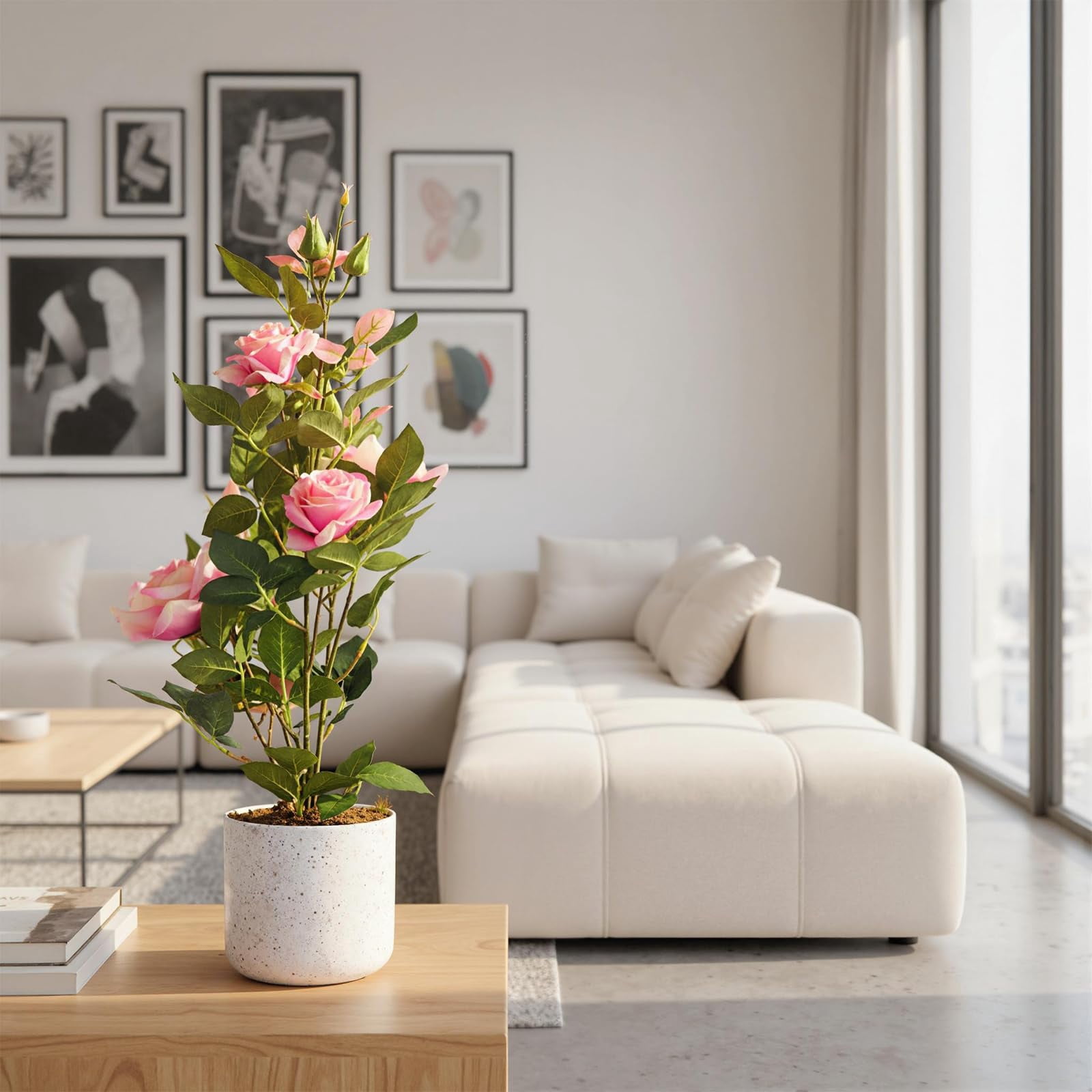 QinaQin Set of 2 Artificial Curled Pink Rose Trees – Lifelike Silk-Like Blooms in White Pots – Faux Indoor Outdoor Decorative Plants for Home, Office, Porch, Patio – Pink, Curled Rose, 54cm, Two