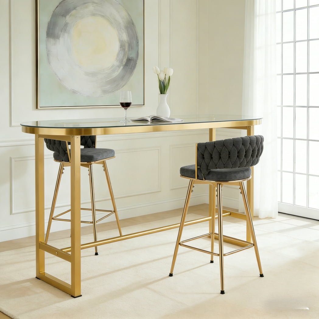 Set of 2 Dark Gray Swivel Bar Stools with Cotton Linen Seat, 360-Degree Rotating Counter Height Barstools with Golden Metal Legs and Non-Slip Foot Ring for Kitchen Pub Dining