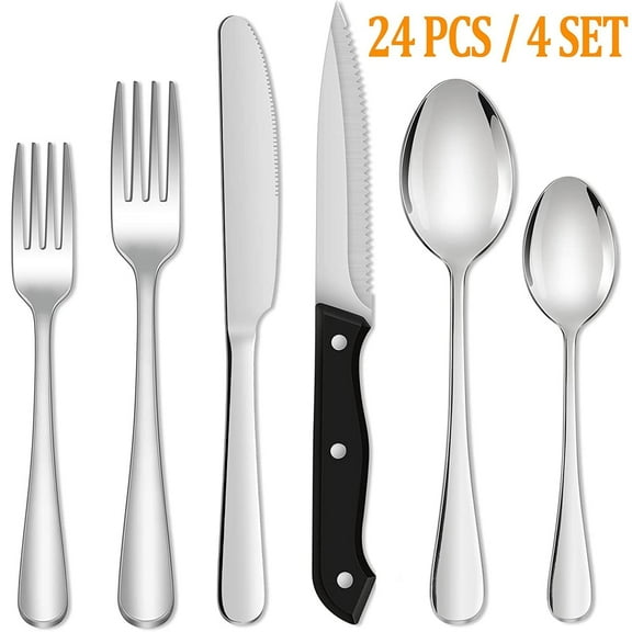 GPED 24 Piece Silverware Set with Steak Knives, Stainless Steel Flatware Set, Cutlery Set Service for 4, Mirror Polished Utensils Set, Forks and Spoons Silverware Set, Dishwasher Safe