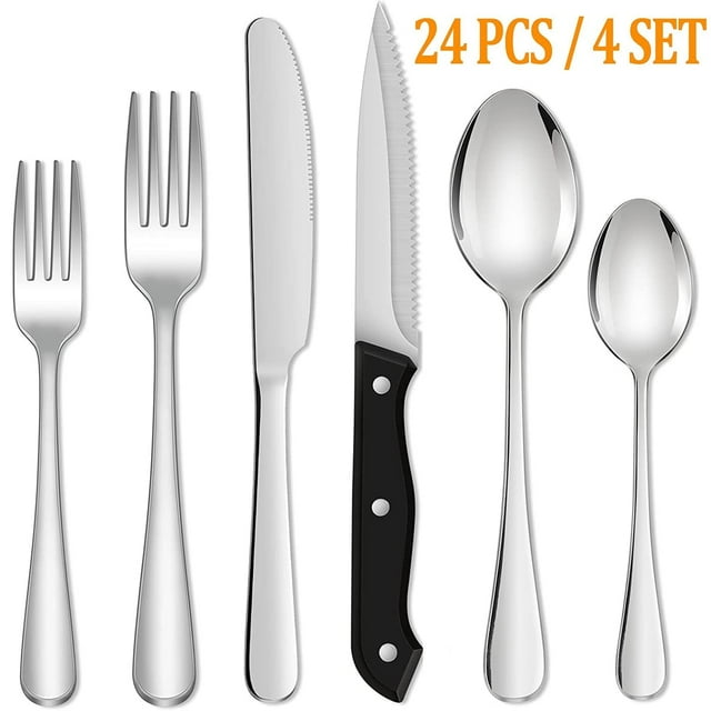 GPED Juego de Cubiertos de 24 Piezas con Cuchillos para Carne, Juego de Cubiertos de Acero Inoxidable, Juego de Cubiertos para 4, Juego de Utensilios Pulidos con Espejo, Juego de Cubiertos con Tenedo
