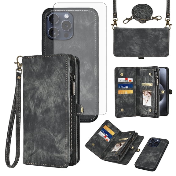 Asuwish Compatible with iPhone 16 Pro 6.3 inch Phone Case Zipper Wallet Detachable Tempered Glass Screen Protector Crossbody Strap Flip Card Holder Slot Cell Cover for i Phone16 i16 16Pro Women Black