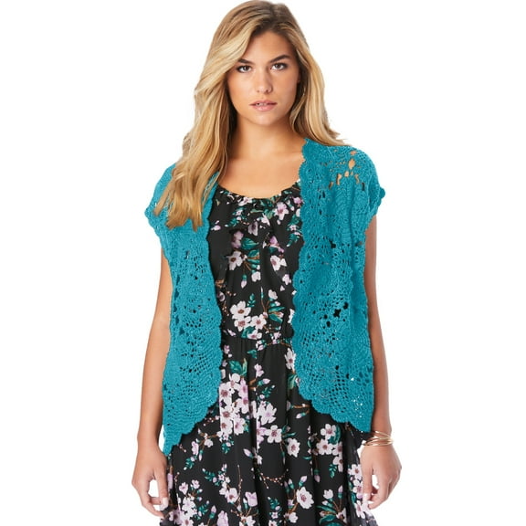 Roaman's Women's Plus Size Scallop Trim Crochet Cardigan Sweater