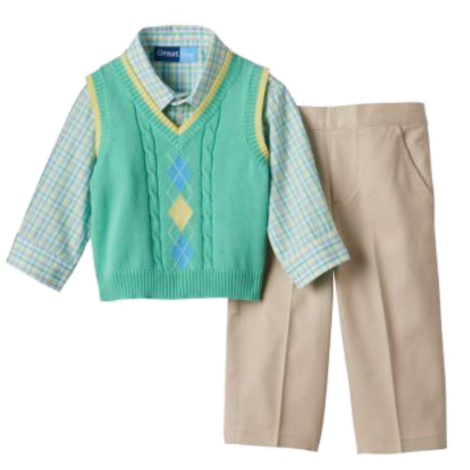 Infant Boys 3Piece Dress Up Outfit Green Sweater Vest Plaid Shirt