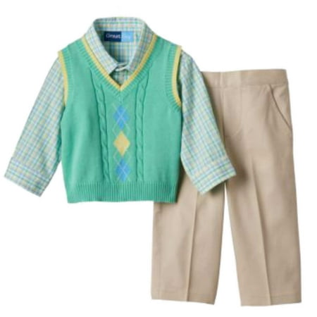 Infant Boys 3-Piece Dress Up Outfit Green Sweater Vest Plaid Shirt &