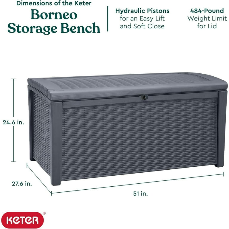 Keter Borneo 110 Gallon Large Waterproof Patio Garden Storage Bin Rattan Plastic Outdoor Deck Box Bench Grey Walmart