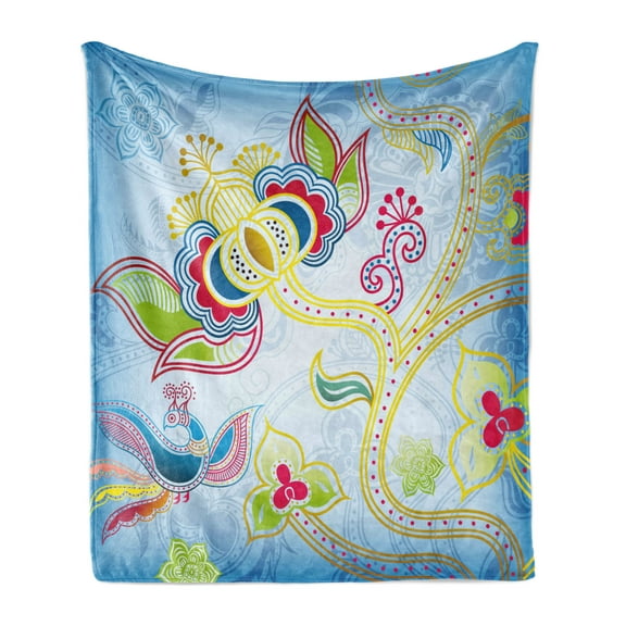 East Soft Flannel Fleece Throw Blanket, Colorful Floral Far Eastern Art Motifs Swirled Lines Dots and Phoenix Bird, Cozy Plush for Indoor and Outdoor Use, 50" x 60", Multicolor, by Ambesonne