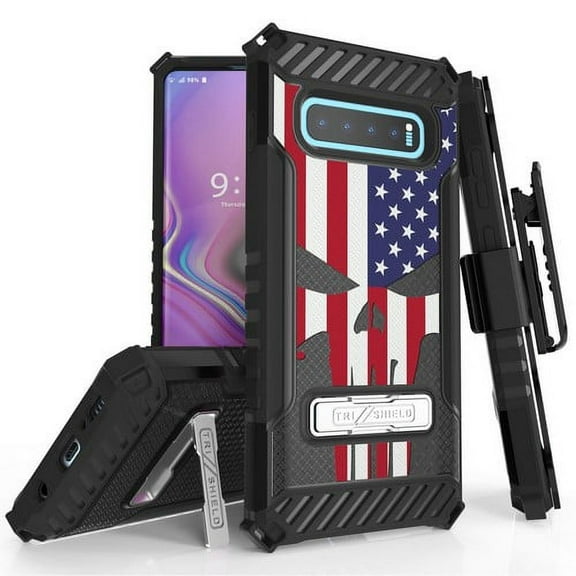 Galaxy S10 Plus (SM-G975) Case, TRISHIELD Rugged Cover With   [Belt Clip Holster]   [Built in kickstand] For Samsung Galaxy S10 Plus - US Flag Skull