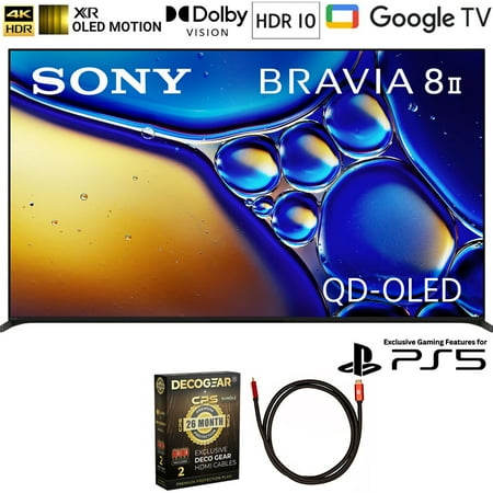 Sony K65XR80M2 BRAVIA 8 II 65 inch Class QD-OLED 4K HDR Google TV 2025 (Renewed) Bundle with Deco Gear 6FT HDMI 2.0 Cable and CPS Exclusive 26 Month Protection Pack (BEACH-CPS-26M3500)