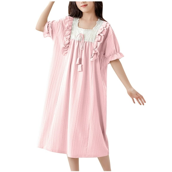 Cethrio Girls Cotton Nightgowns, Short Sleeve Summer Comfy Ruffled Sleep Dresses Pink Size 4-17T