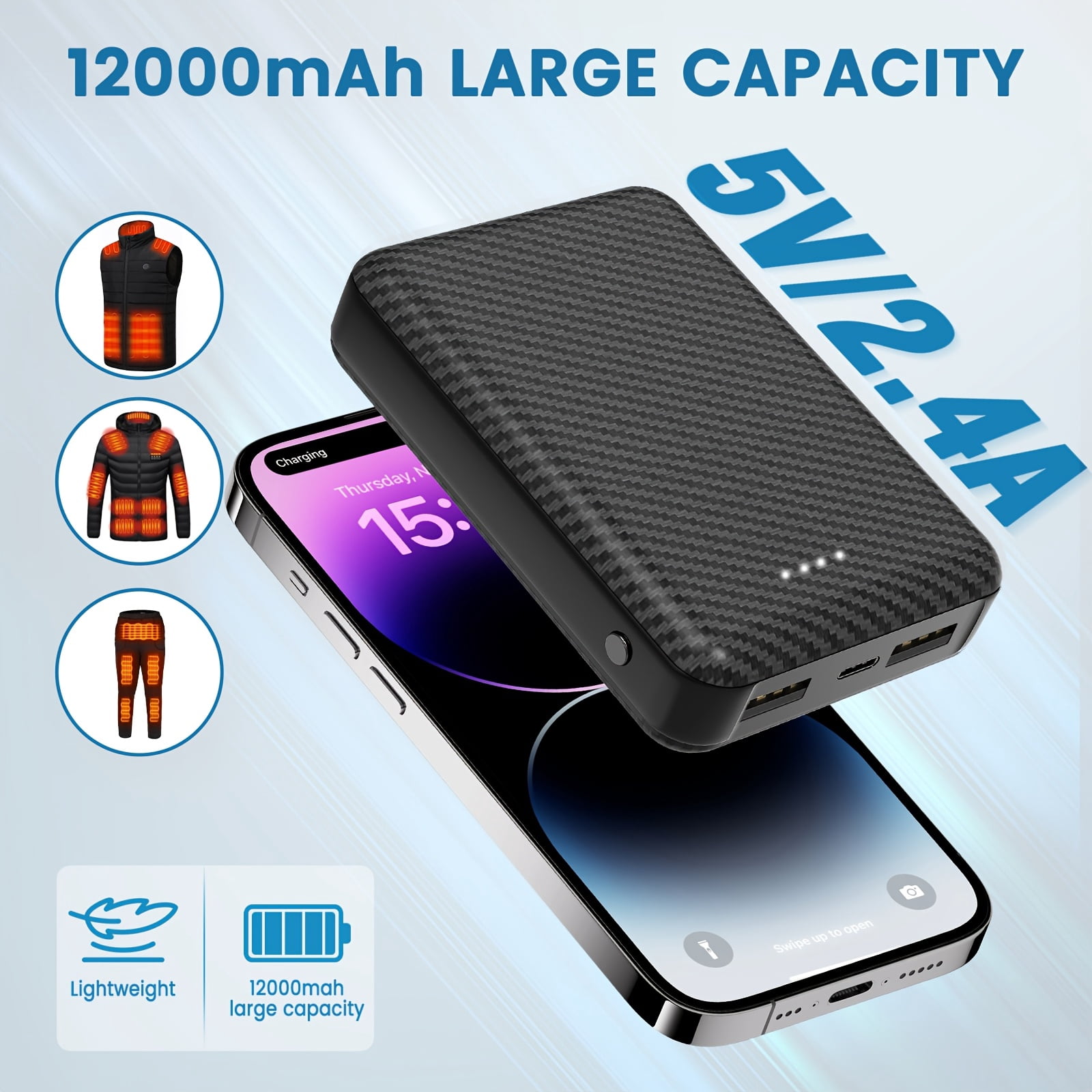 12000Mah Small Portable Phone Charger, 5V/2.4A Heated Vest/Jacket Battery Packs Dual USB Power Bank for Iphone Android Ipad Switch And Tablets