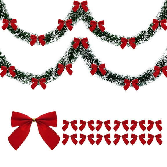 JeashCHAT 6.56 FT Christmas Garland with 12 Mini Bows, Christmas Tree Decorations, Tinsel Garland and Bowknot, Holiday Party Christmas Decorations for Window Fireplace Porch Wall Hanging Decor