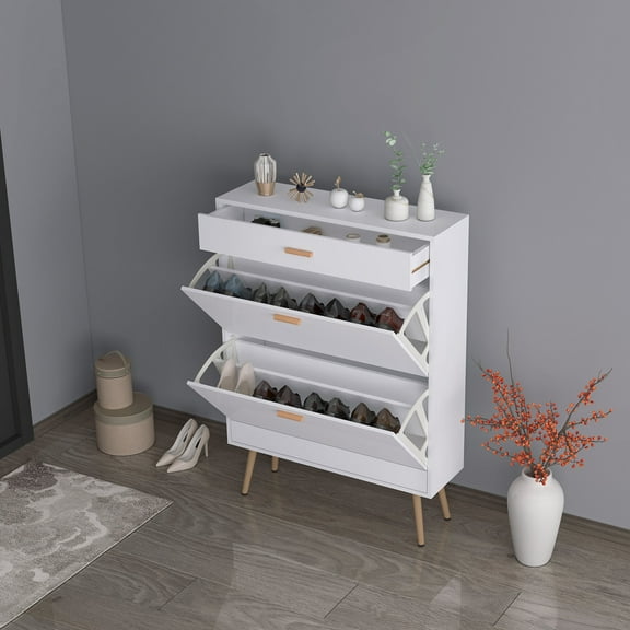 Winado Wood 2 Flip Drawers Shoe Cabinet, Freestanding Shoe Rack Storage Organizer with Drawer for Entryway, White