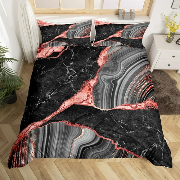 Black Grey Marble Duvet Cover Queen, Pink Red Marbling Crack Print Bedding Set For Girls, Abstract Metallic Texture Comforter Cover, Gray Luxury Shinny Room Decor Boho Hippie Fluid Quilt Cover