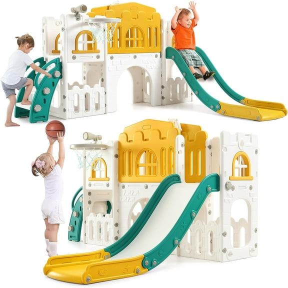 8 in 1 Toddler Slide Indoor Playground, Indoor Slide Toddler Playset for Toddlers 1-3, Kids Outdoor Playground with Slide, Basketball Hoop, Climber, Crawling Tunnel, Telescope, Yellow & Green