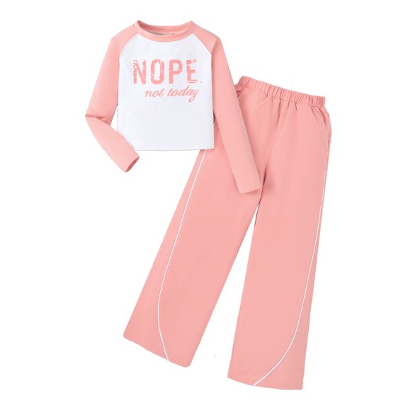 Yaoqi 9 Years Big Girl Outfit Set 10 Years Child Girls Clothes Long Sleeves Letter Print Pullover Crop Top Wide Leg Pants 2pcs Clothing Pink