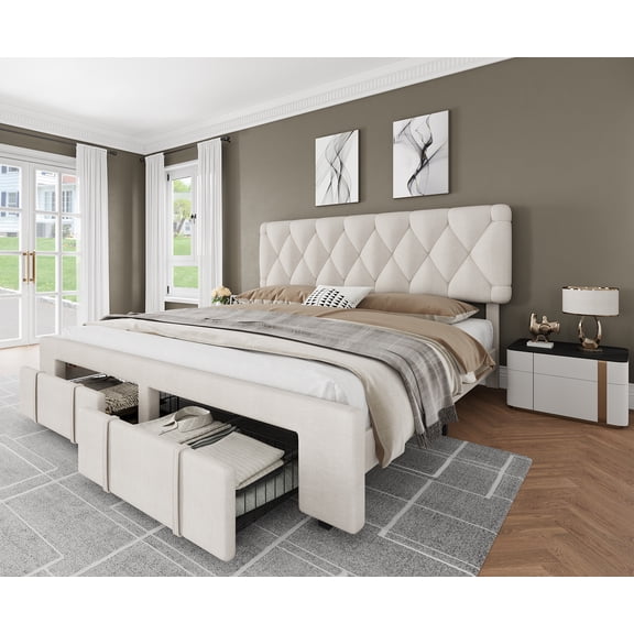 Upholstered Queen/King Size Bed Frame,Upholstered Platform Bed Frame with Storage Drawers and Headboard,Mattress Foundation with  Wooden Slats Support,No Box Spring Needed, Platform Bed Frame