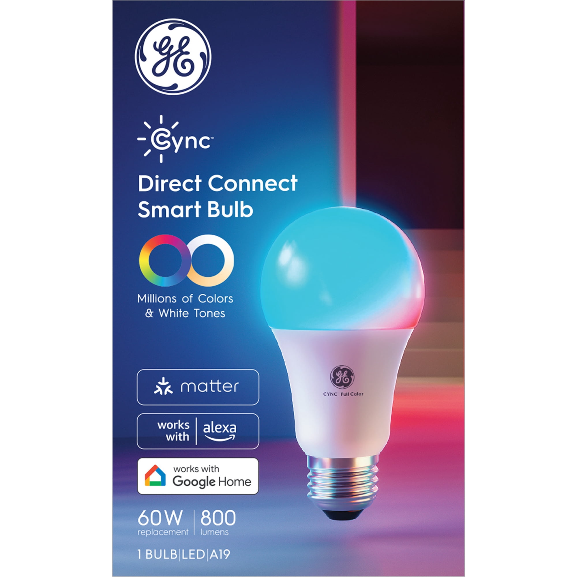 GE Cync A19 Smart LED Light Bulb, Color Changing Indoor Décor Lights, 60 Watts, Medium Base, 1pk