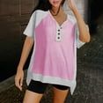 thumbnail image 2 of Buttons V Neck Short Sleeve T-Shirts for Women Oversized High Low Hem Patchwork Tops Summer Fashion Tees Streetwear Pink,S, 2 of 6