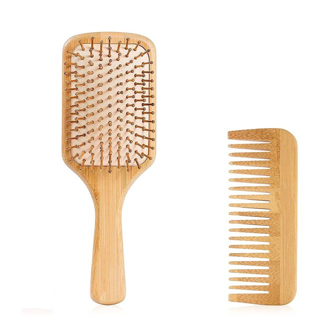 Cepillo de pelo de bambú natural, conjunto de cepillos y peine de madera, cepillo de pelo ecológico compatible con mujeres, hombres y niños, pelo largo y rizado fino Afortunado Sencillez