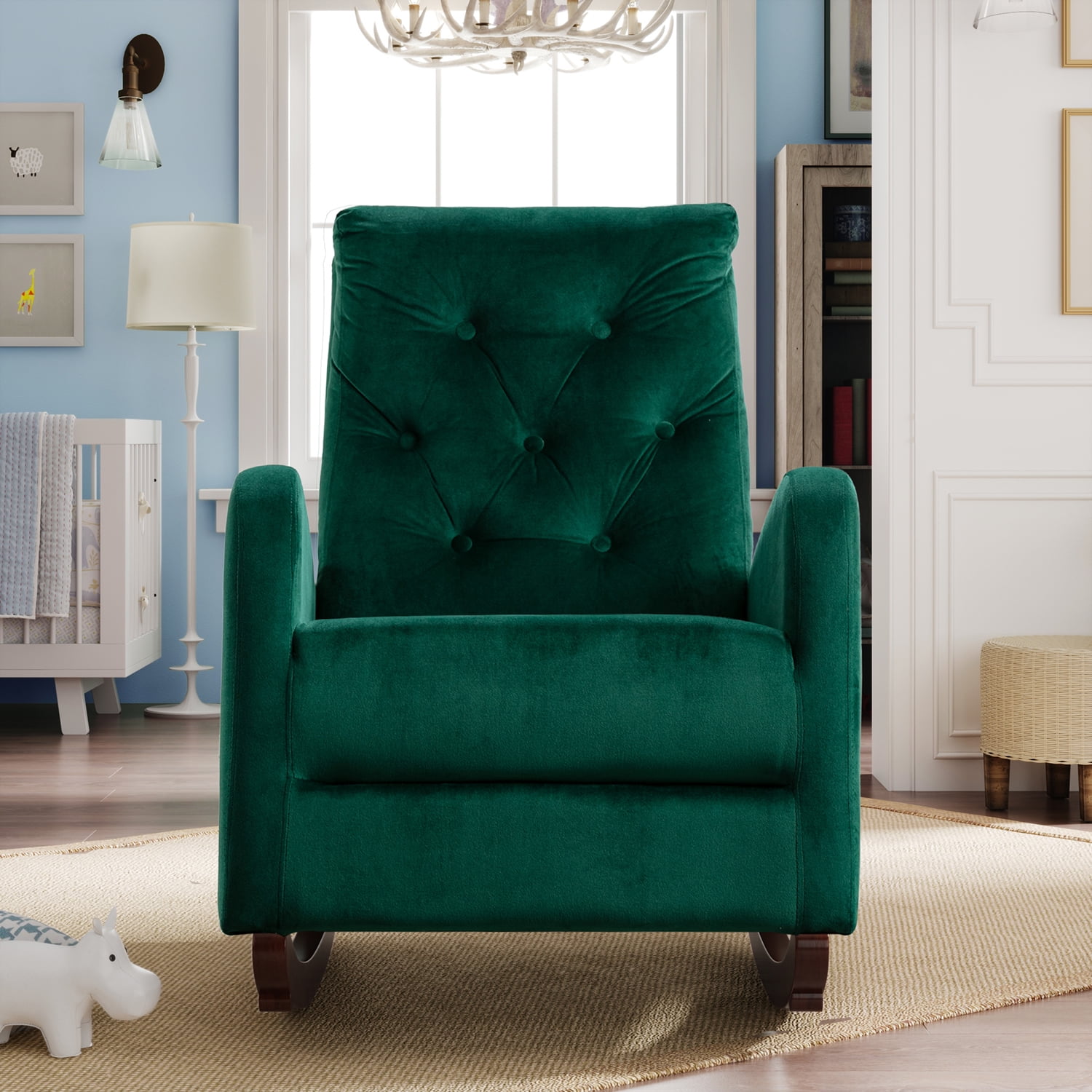 Kadyn High Back Rocking Chair, Modern High Back Armchair for Living Room, Velvet Rocking Chair with Side Pockets, Green