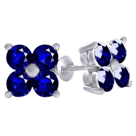 AFFY Round Cut Simulated Blue Sapphire Cluster Style Stud Earrings In 14K Solid White Gold (1 Ct)
