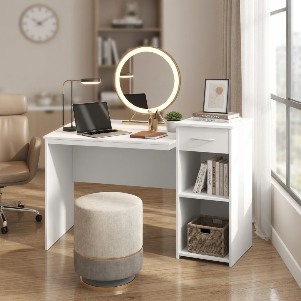 Spaco Computer Desk with Drawer Modern Laptop PC Desk with Adjustable Shelf and Cable Hole-White, Office Desk, Gaming Computer Desks for Study,Working,Writing