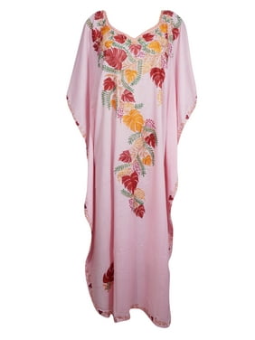 Mogul Women Baby Pink Floral Maxi Dress Kaftan Embellished Cotton Embroidered Lounger Resort Wear Caftan Housedress 4XL