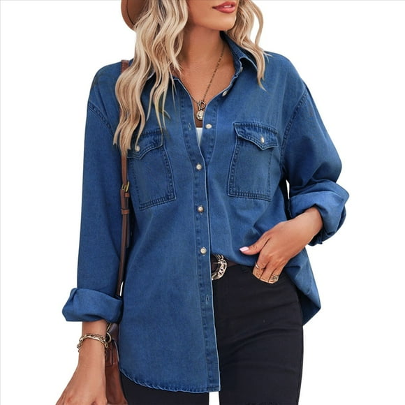 Women Button Down Denim Shirts Casual Long Sleeve V Neck Chambray Blouse Top Dark Blue S
