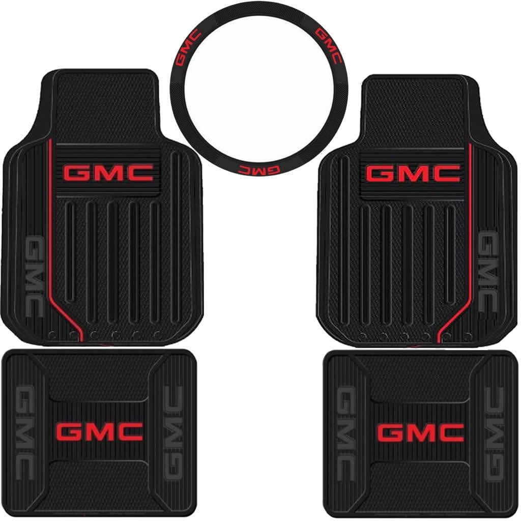 NEW 5 piece Elite Logo Front Rear Rubber Floor mats & Steering Wheel Cover set for GMC Truck SUV