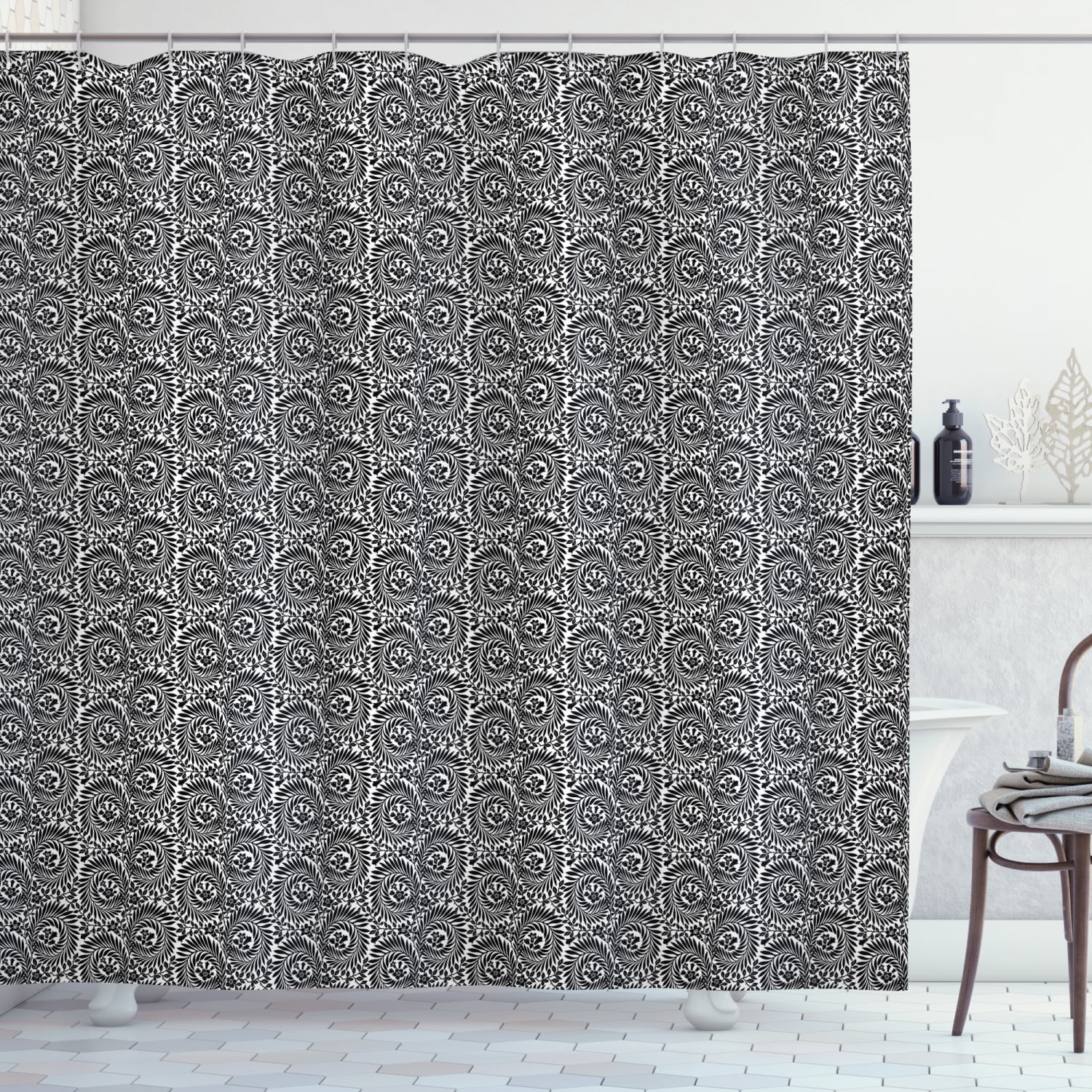 Black and White Shower Curtain, Little Spring Blossoms and Swirled
